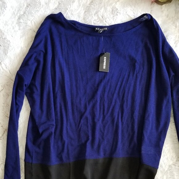 Express Black Blue Color Block Long Sleeve Tshirt New Size XS - Picture 1 of 7